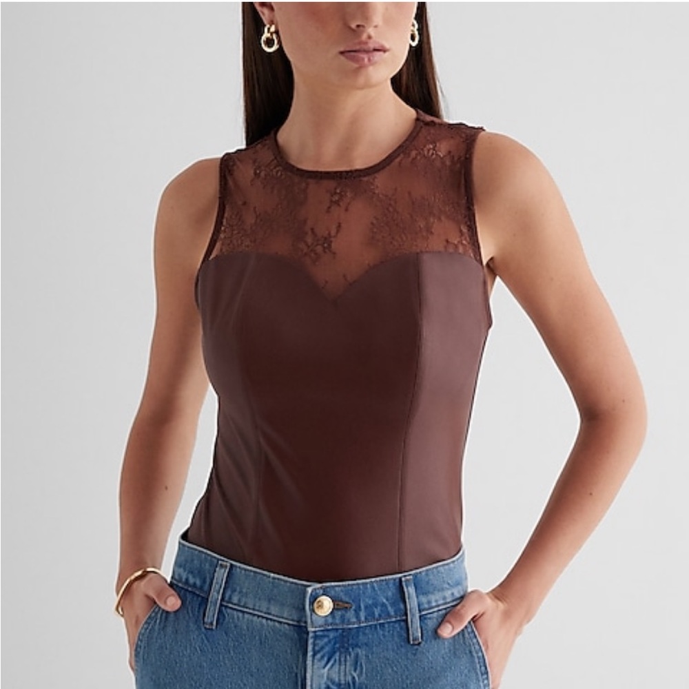 Express Contour High Neck Faux Leather Lace Bodysuit.